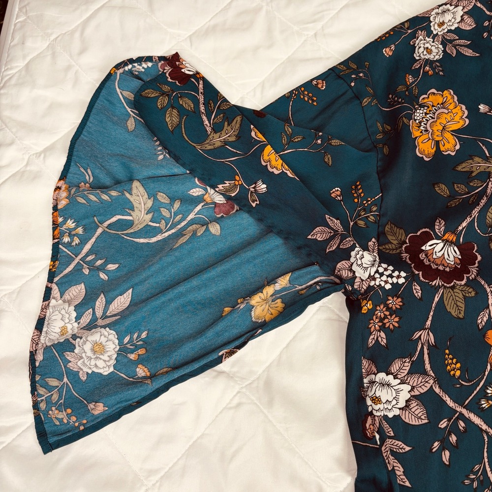 Maurices Floral Bell Sleeve Blouse Teal Tie Neck Button Front Women's‎ 2 - Picture 13 of 13